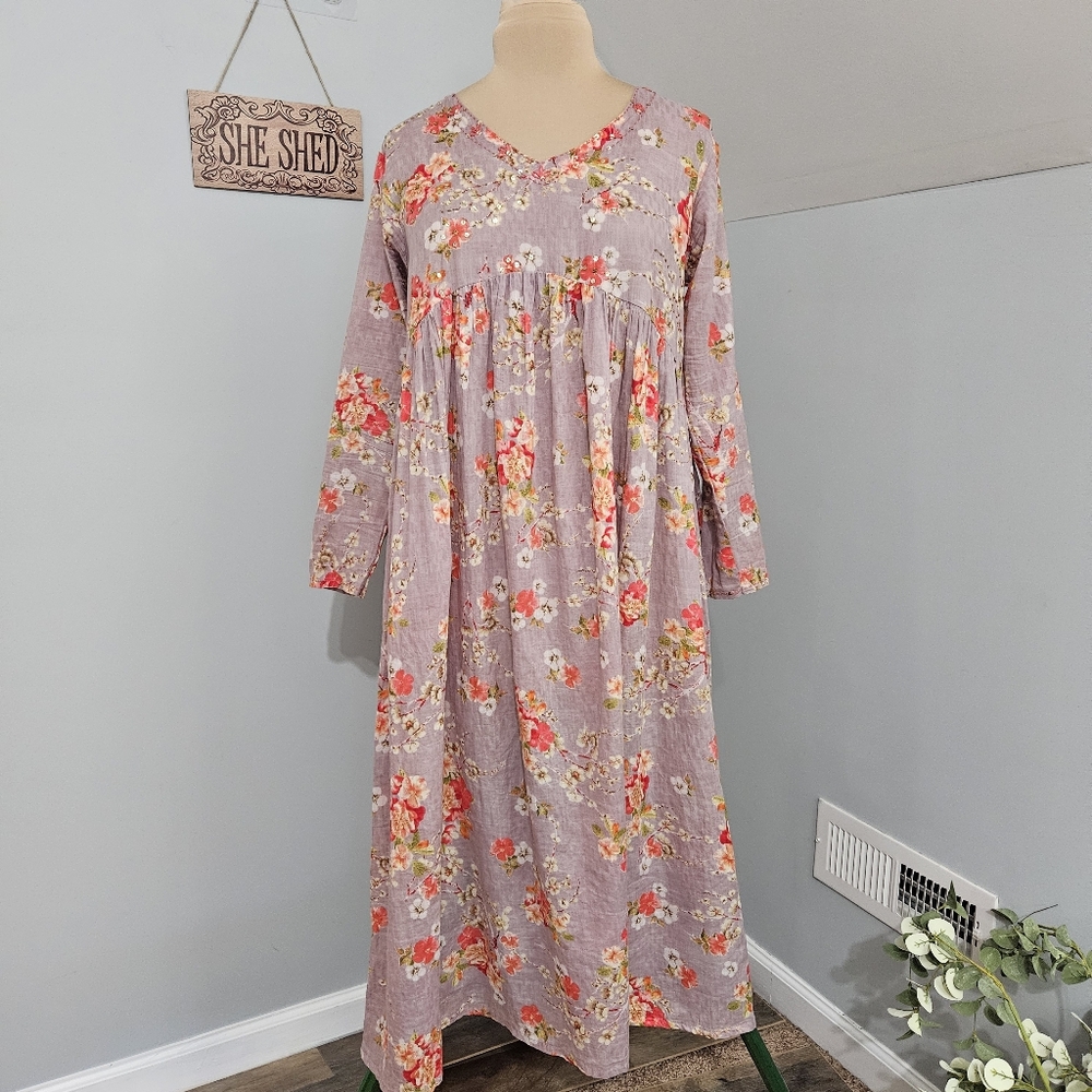 Lavender Floral Boho Maxi Dress Long Sleeve Sequin XL Indie Cottagecore Feminine